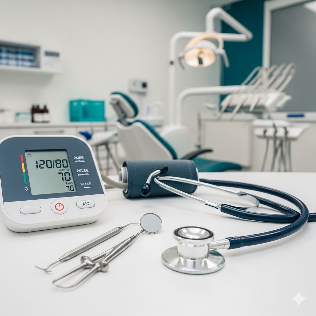 Best Dental Clinic in Ghaziabad | Dental Park Vital parameter screening at Dental Park Ghaziabad showing blood pressure monitor and dental tools