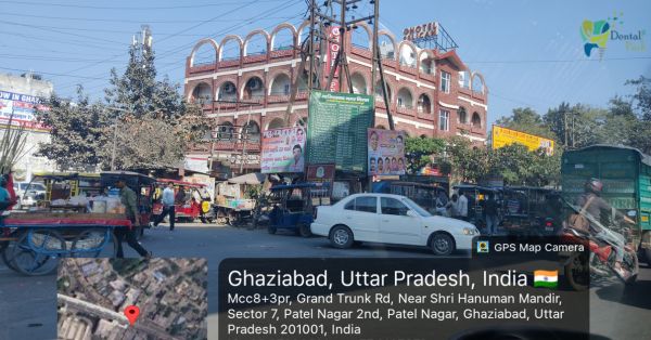 Street view of Grand Trunk Road near Shri Hanuman Mandir and Hotel Pelican in Patel Nagar Ghaziabad, highlighting the route to Dental Park Ghaziabad.